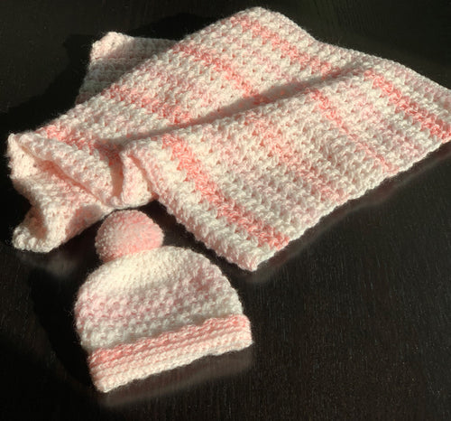 Pink and White Baby Blanket with Hat