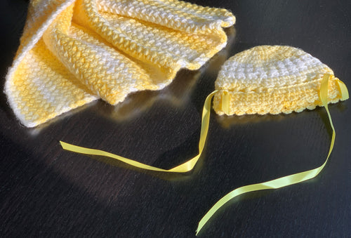 Yellow and White Baby Blanket with Hat